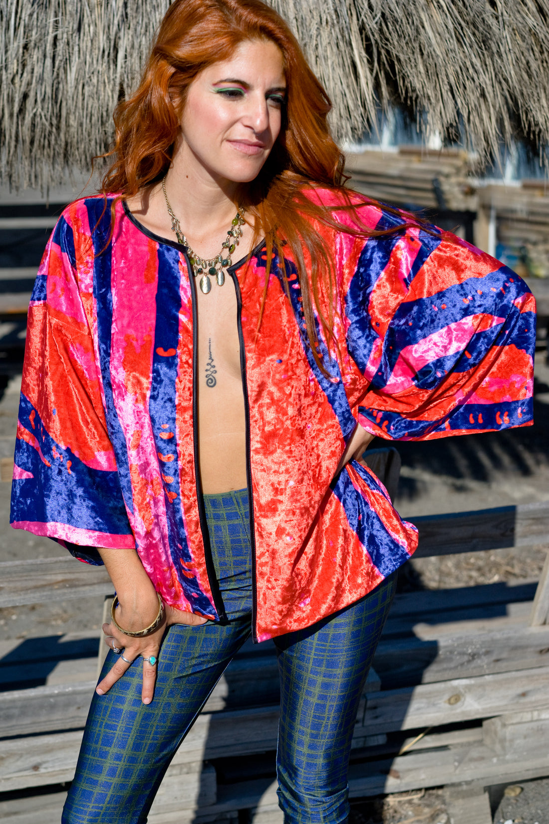 KOOKY Velvet Kimono Jacket in Green/Blue Esther