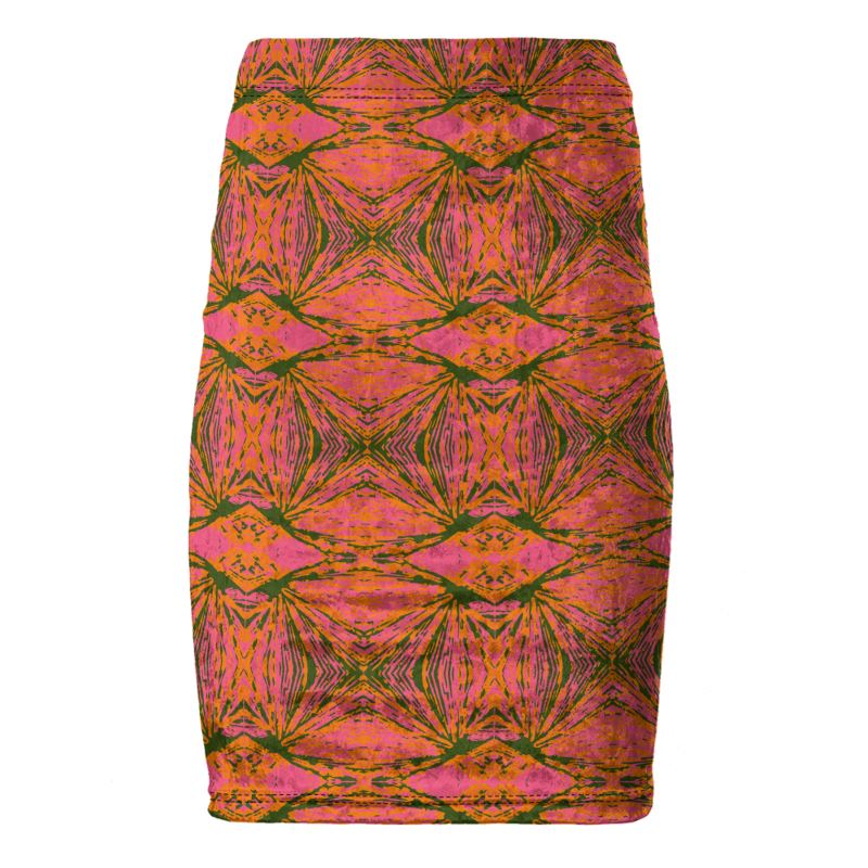 PARADISE High-Waisted Pencil Skirt - Fan Geometric Orange/Pink/Green