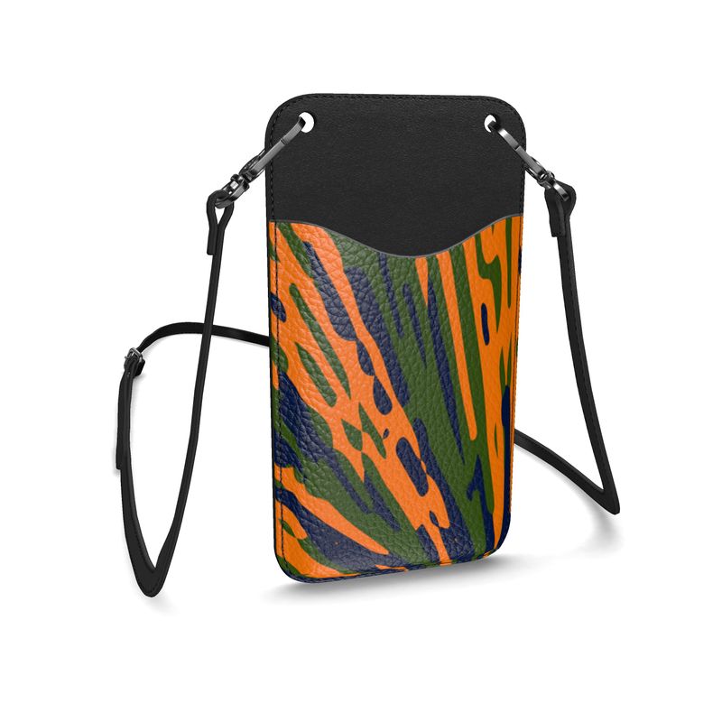 Phenomenal Textured Nappa Leather Phone Bag with Leather Strap and Cardholder - Fan Orange/Green/Blue