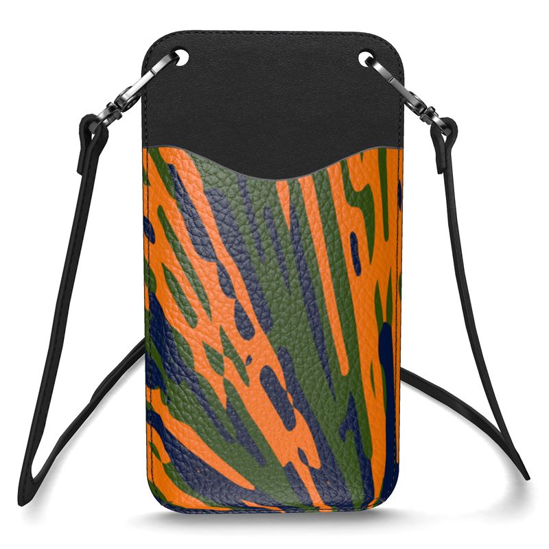 Phenomenal Textured Nappa Leather Phone Bag with Leather Strap without Cardholder - Fan Orange/Green/Blue