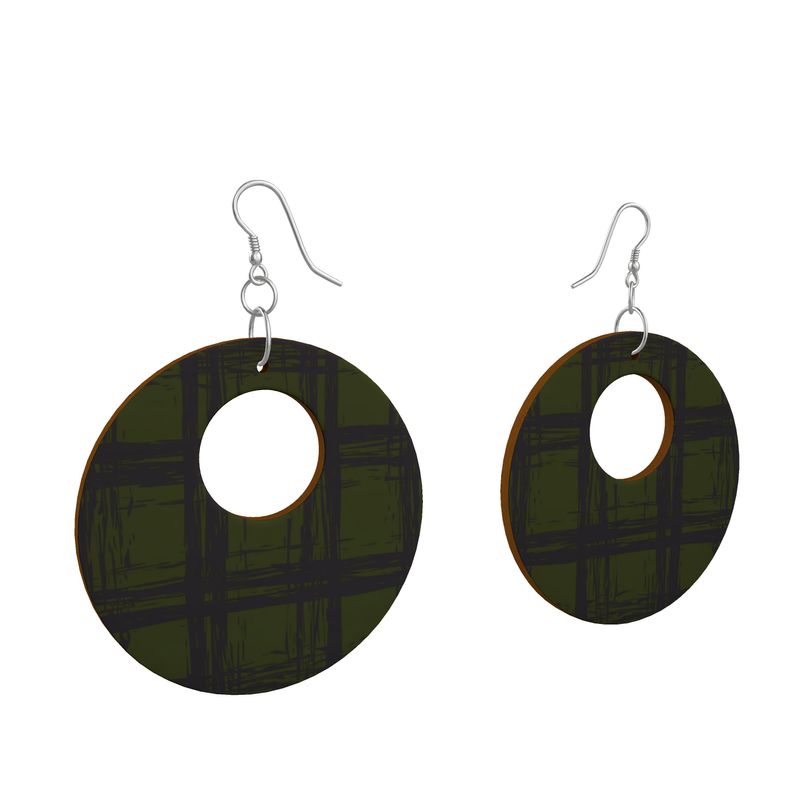 EFFORTLESS Organic Shape Wooden Drop Earrings - Zapillo Plaid Green/Blue