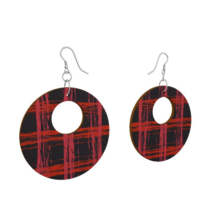 EFFORTLESS Organic Shape Wooden Drop Earrings - Zapillo Plaid Pink/Red//Blue