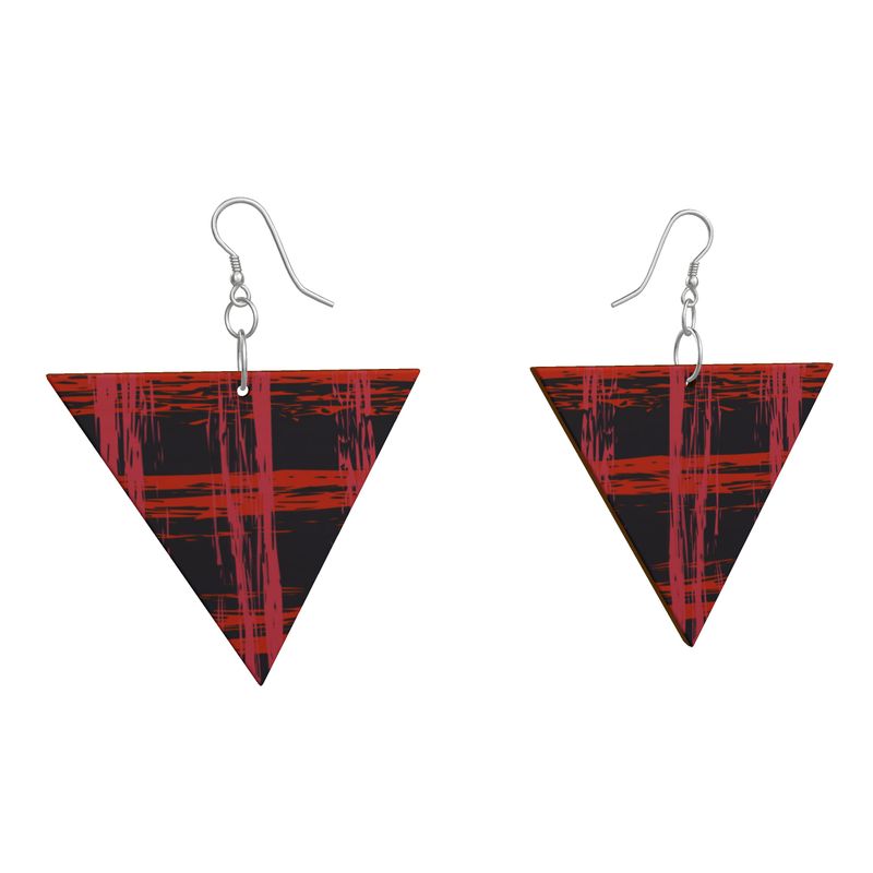 EFFORTLESS Geometric Wooden Drop Earrings - Zapillo Plaid Red/Pink//Blue