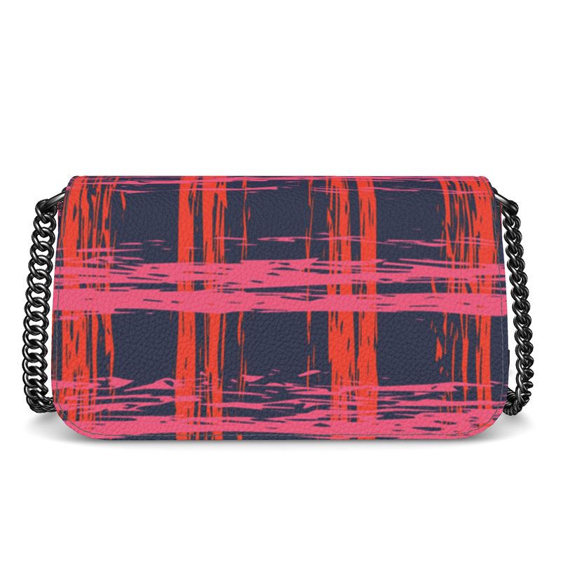 Bijou Textured Nappa Leather Fold-Over Box Bag with Non-Removable Chain Strap - Zapillo Plaid Red/Pink/Blue