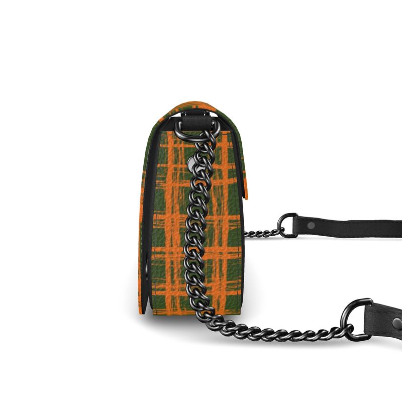 Bijou Textured Nappa Leather Fold-Over Box Bag with Non-Removable Chain Strap - Zapillo Plaid Orange/Green