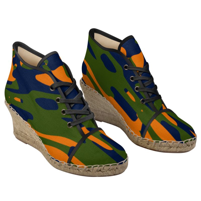 WONDROUS Lace-Up Wedge Heel Espadrilles - Fan Orange/Green/Blue