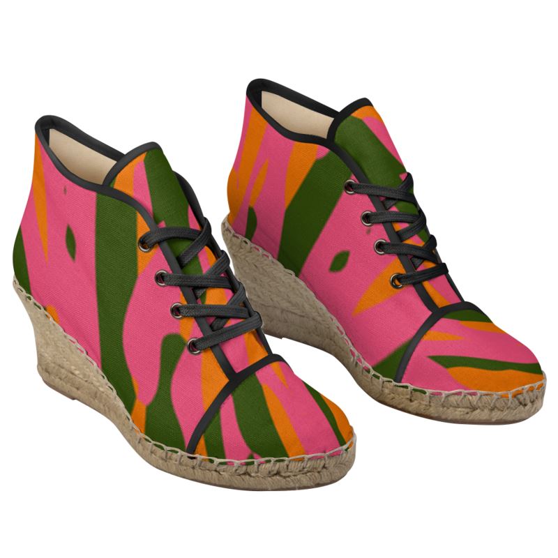 WONDROUS Lace-Up Wedge Heel Espadrilles - Fan Orange/Pink/Green