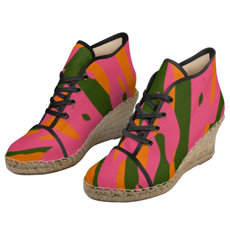 WONDROUS Lace-Up Wedge Heel Espadrilles - Fan Orange/Pink/Green