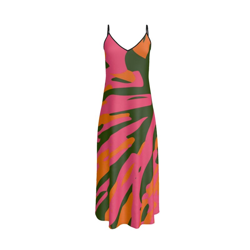 SLINKY Spaghetti Strap Long Slip Dress - Fan orange/pink/green