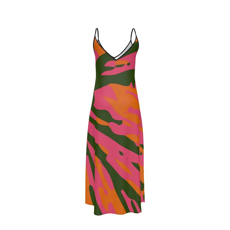 SLINKY Spaghetti Strap Long Slip Dress - Fan orange/pink/green