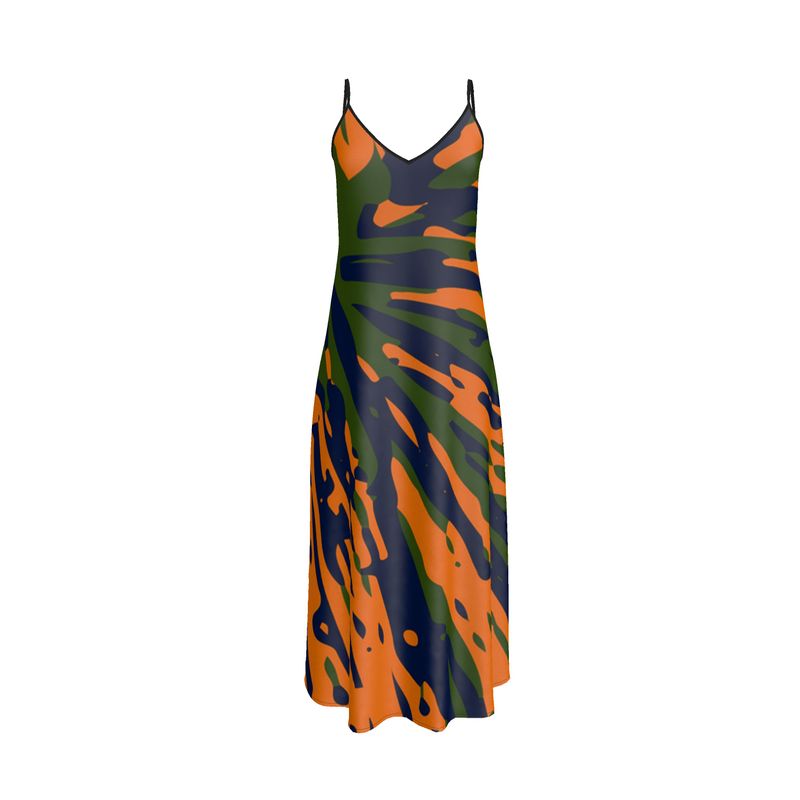 SLINKY Spaghetti Strap Long Slip Dress - Fan orange/blue/green