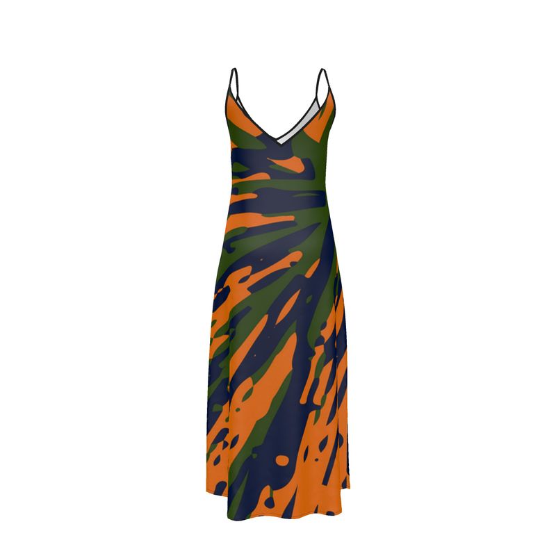 SLINKY Spaghetti Strap Long Slip Dress - Fan orange/blue/green