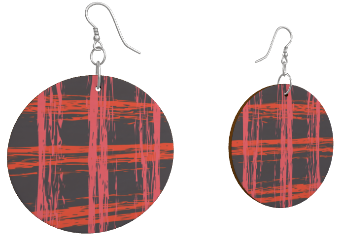 EFFORTLESS Organic Shape Wooden Drop Earrings - Zapillo Plaid Pink/Red//Blue