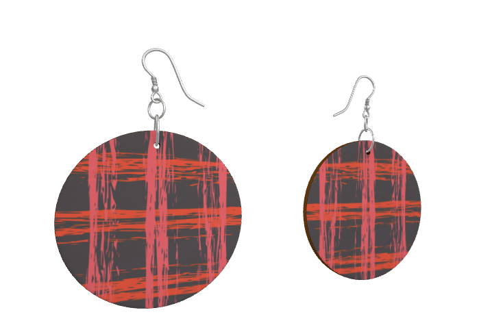 EFFORTLESS Organic Shape Wooden Drop Earrings - Zapillo Plaid Pink/Red//Blue