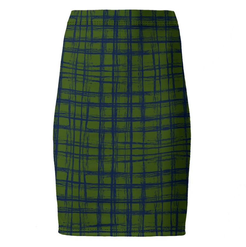 PARADISE High-Waisted Pencil Skirt - Zapillo Plaid Green/Blue